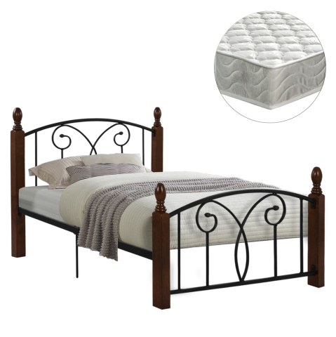 Seturi paturi cu saltele - SEMI-DOUBLE BED WITH MATTRESS SUZIE HM21333 METAL and WOOD IN WALNUT--MATTRESS 110x190cm