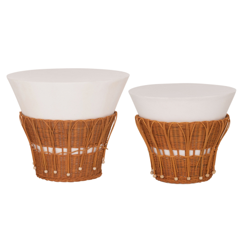 Interior - SET 2PCS COFFEE TABLES PERRAL HM21138.02 FIBER CEMENT IN WHITE--NATURAL RATTAN DECOR