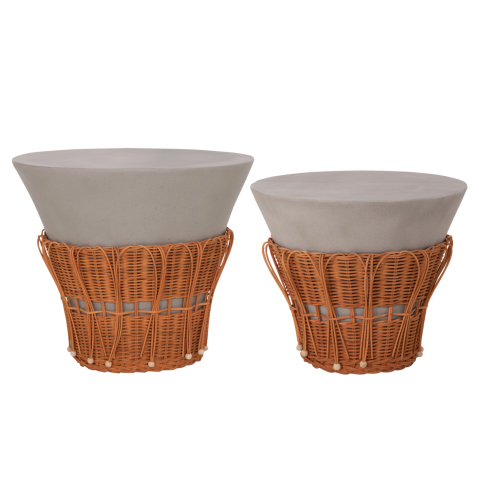 Interior - SET 2PCS COFFEE TABLES PERRAL HM21138.03 FIBER CEMENT IN GREY--NATURAL RATTAN DECOR