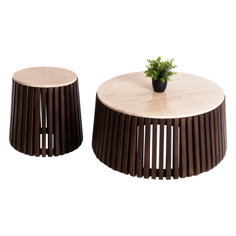 Masute de cafea - SET 2PCS COFFEE TABLES ROUND KREST HM11958 SOLID ACACIA WOOD-TRAVERTINE Φ90 and Φ50cm.