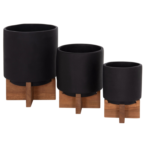 Ghivece de flori - SET 3 POTS/VASES WITH TEAK BASES TANTI HM4685.01 FIBER CEMENT IN BLACK