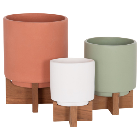 Ghivece de flori - SET 3 POTS/VASES WITH TEAK BASES TANTI HM4685 FIBER CEMENT IN 3 COLORS
