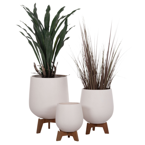 Ghivece de flori - SET 3 POTS/VASES WITH TEAK BASES TRYLL HM4681.02 FIBER CEMENT IN WHITE