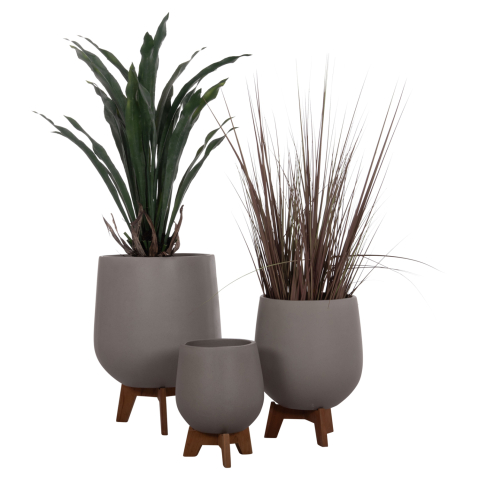 Ghivece de flori - SET 3 POTS/VASES WITH TEAK BASES TRYLL HM4681.03 FIBER CEMENT IN GREY