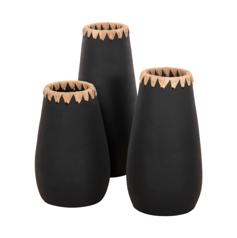 Vaze de podea - SET 3PCS DECORATIVE VASES HM4372 TERRACOTTA IN BLACK WITH STRAW WEAVING ON THE RIM