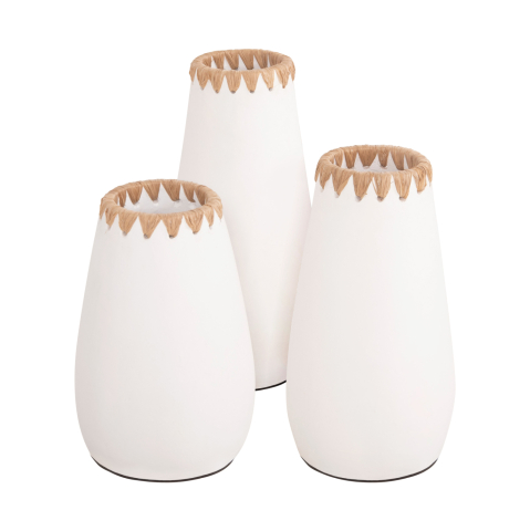 Vaze de podea - SET 3PCS DECORATIVE VASES HM4373 TERRACOTTA IN WHITE WITH STRAW WEAVING ON THE RIM