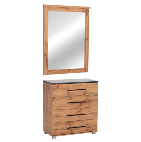 Interior - SET CHEST OF (4) DRAWERS WITH WALL MIRROR CARYS HM10889.12 MELAMINE IN NATURAL WOOD COLOR