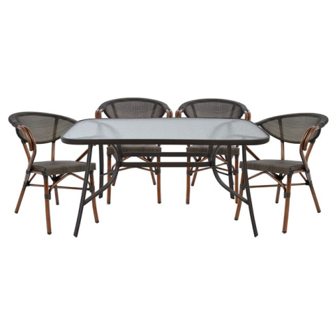 Seturi mese dining - Set Dining Table 5 pieces Bruno Brown color and 4 Armchairs Bamboo Look Brown