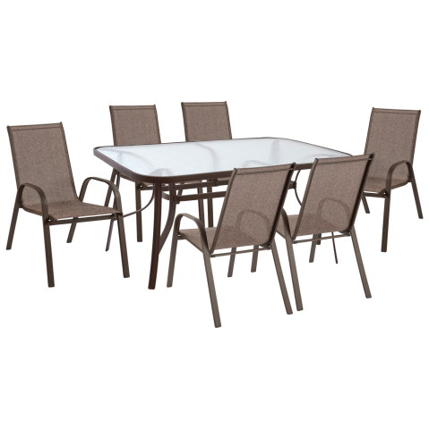 Seturi mese dining - Set Dining Table 7 pieces Table and 6 Leon with Brown Textline HM5206.02