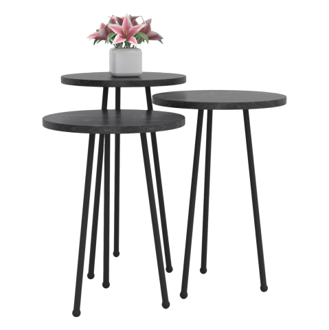 Masute de cafea - SET OF 3 ROUND SIDE TABLES KISSA HM18174.02 MELAMINE IN BLACK MARBLE COLOR-BLACK METAL LEGS