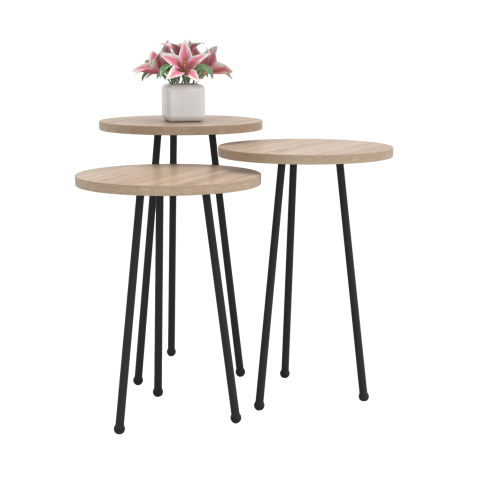 Masute de cafea - SET OF 3 ROUND SIDE TABLES KISSA HM18174.03 MELAMINE IN SONAMA COLOR-BLACK METAL LEGS