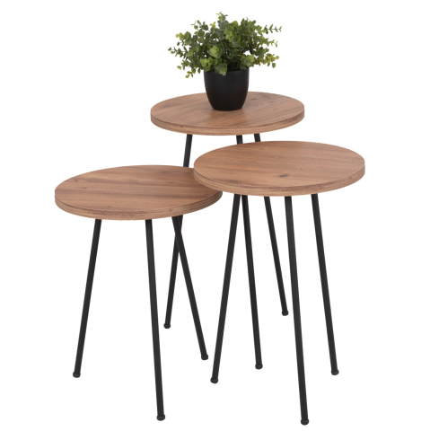 Interior - SET OF 3 ROUND SIDE TABLES KISSA HM18174.04 MELAMINE IN NATURAL WOOD COLOR-BLACK METAL LEGS