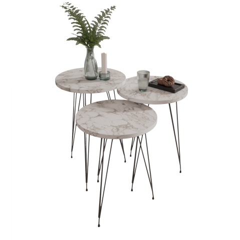 Masute de cafea - SET OF 3 ROUND SIDE TABLES NISSA HM18173.01 MELAMINE IN WHITE MARBLE-BLACK METAL LEGS