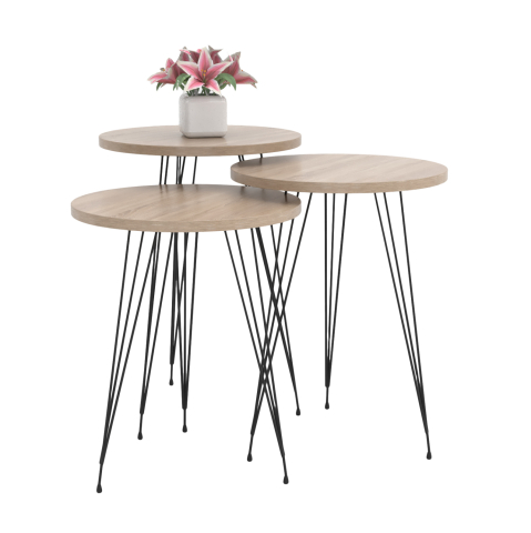 Masute de cafea - SET OF 3 ROUND SIDE TABLES NISSA HM18173.03 MELAMINE IN SONAMA-BLACK METAL LEGS