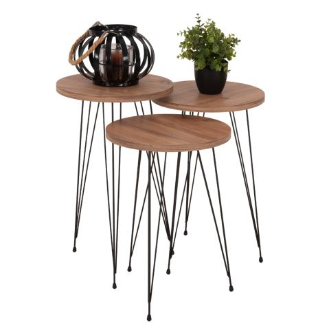 Masute de cafea - SET OF 3 ROUND SIDE TABLES NISSA HM18173.04 MELAMINE IN NATURAL WOOD COLOR-BLACK METAL LEGS