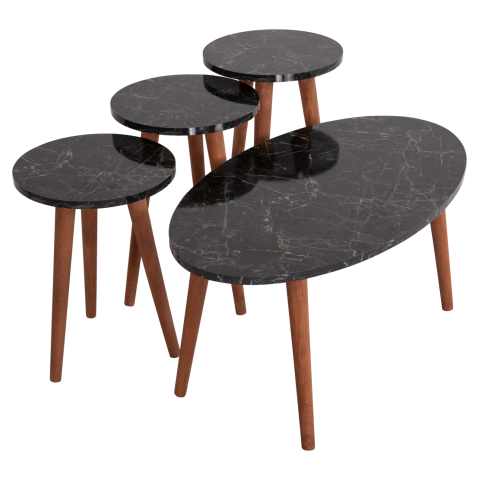 Masute de cafea - SET OF COFFEE TABLE and 3 SIDE TABLES VITAL HM18180.02 MELAMINE IN BLACK MARBLE-WOODEN LEGS IN WALNUT