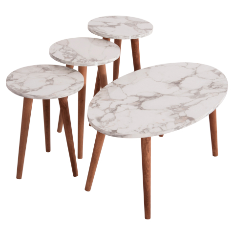 Masute de cafea - SET OF COFFEE TABLE and 3 SIDE TABLES VITAL HM18180.03 MELAMINE IN WHITE MARBLE-WOODEN LEGS IN WALNUT