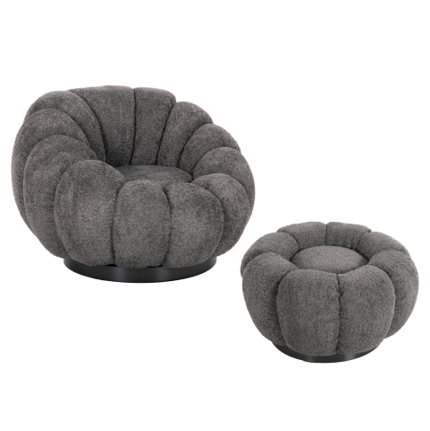 Interior - SET SWIVELLING ARMCHAIR WITH ROUND STOOL GRYMM HM10928.01 GREY BOUCLE FABRIC