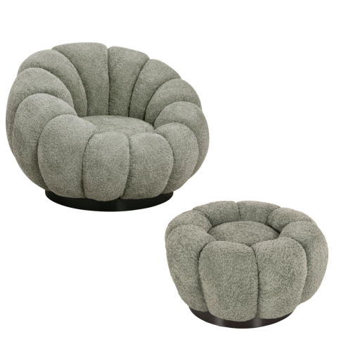 Interior - SET SWIVELLING ARMCHAIR WITH ROUND STOOL GRYMM HM10928.05 PISTACHIO GREEN BOUCLE FABRIC