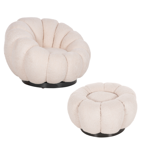 Interior - SET SWIVELLING ARMCHAIR WITH ROUND STOOL GRYMM HM10928.06 ECRU BOUCLE FABRIC
