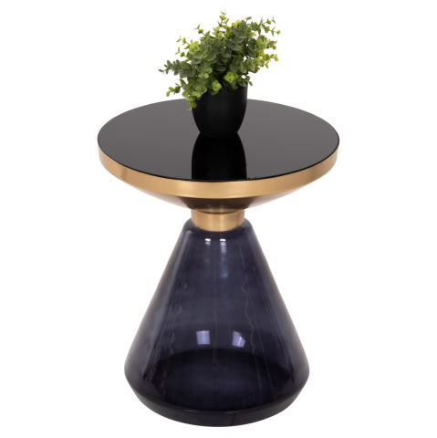 Masute de cafea - SIDE TABLE DEMMY HM9727 BLACK GLASS TOP and PURPLE GLASS BASE-METAL IN GOLD "NECK" Φ41x48Hcm.
