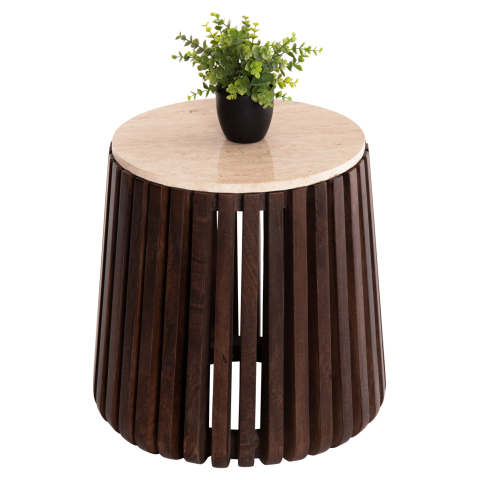 Masute de cafea - SIDE TABLE KREST HM9711 ACACIA WOOD IN LIGHT BROWN-WHITE TRAVERTINE Φ50x50Hcm.