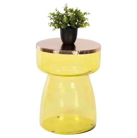 Masute de cafea - SIDE TABLE RANE HM9731 LIGHT GREEN GLASS BASE-METAL TOP IN GOLD Φ36x47Hcm.
