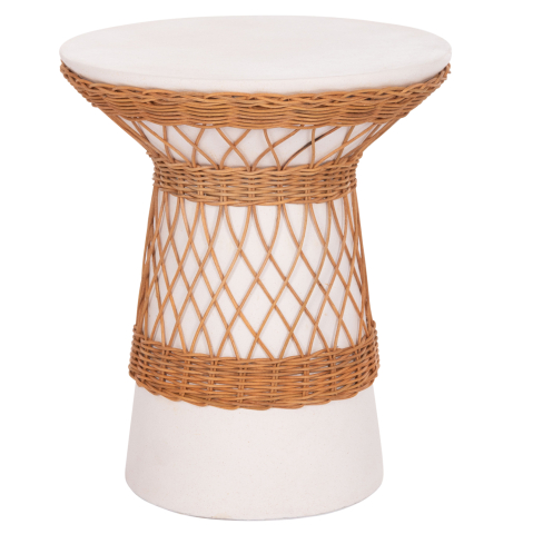 Interior - SIDE TABLE ROUND DELIA HM18167.02 FIBER CEMENT WHITE and RATTAN Φ40x45Hcm.