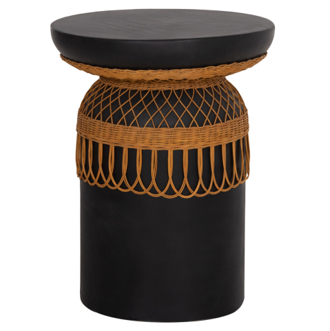 Interior - SIDE TABLE ROUND PRILEP HM18159.01 FIBER CEMENT IN BLACK and RATTAN--Φ60x76.5Hcm.