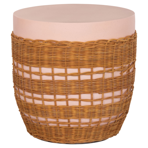 Interior - SIDE TABLE ROUND VILHENA HM18166 FIBER CEMENT PINK--NATURAL RATTAN Φ44.5x45Hcm.