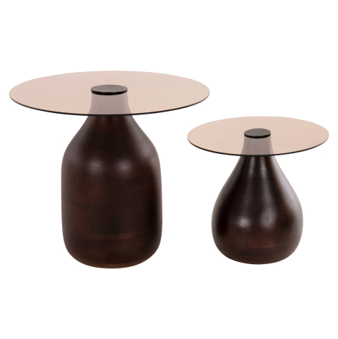 Masute de cafea - SIDE TABLES 2PCS CHANG HM9668 MANGO WOOD IN BROWN-GLASS TOP Φ55x49,5H and Φ40x36,5H cm.
