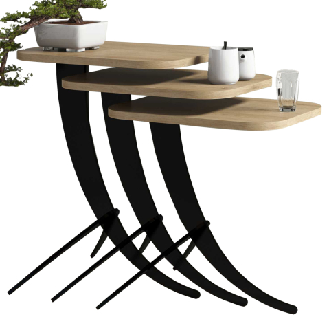 Masute de cafea - SIDE TABLES 3PCS HM9508.01 MELAMINE IN NATURAL OAK-BLACK METAL LEGS 35x45x60Hcm.