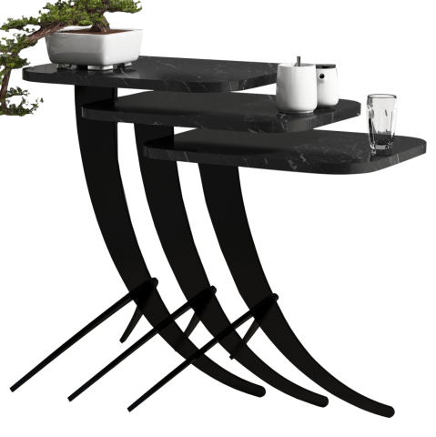 Masute de cafea - SIDE TABLES 3PCS HM9508.02 MELAMINE BLACK MARBLE LOOK-BLACK METAL LEGS 35x45x60Hcm.