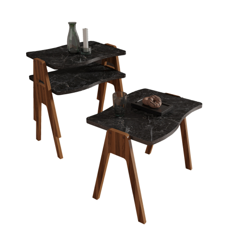 Masute de cafea - SIDE TABLES 3PCS SET ESSENT HM18175.02 MELAMINE IN WALNUT-BLACK MARBLE TOP 45x35x40Hcm.