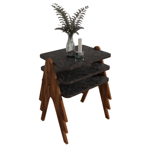 Masute de cafea - SIDE TABLES 3PCS SET REACHER HM18176.02 MELAMINE IN WALNUT-BLACK MARBLE TOP 40x30x40Hcm.