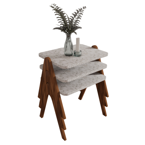 Masute de cafea - SIDE TABLES 3PCS SET REACHER HM18176.03 MELAMINE IN WALNUT-WHITE MARBLE TOP 40x30x40Hcm.