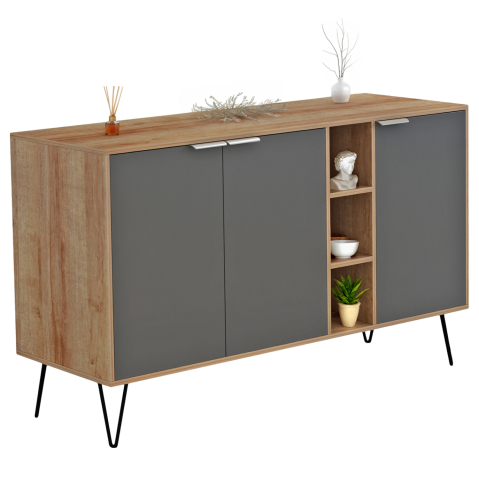Bufete - SIDEBOARD CABRON HM8874.11 MELAMINE IN NATURAL-ANTHRACITE and BLACK METAL LEGS 142X40X83Hcm.