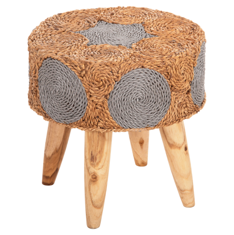 Taburete - STOOL BEAM HM7826 TEAK WOOD AND SEAGRASS RUSH IN NATURAL and GREY Φ43x45Hcm.