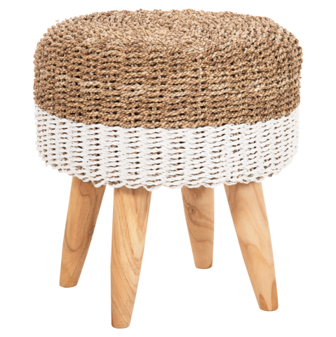 Taburete - STOOL BEAM HM7827.01 TEAK WOOD AND SEAGRASS RUSH IN NATURAL and WHITE Φ42x46Hcm.