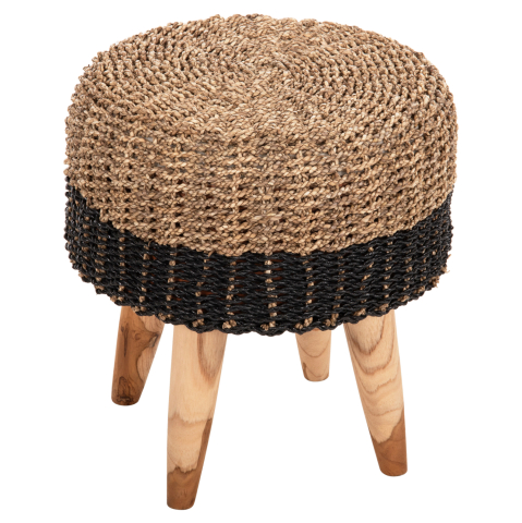 Taburete - STOOL BEAM HM7827 TEAK WOOD AND SEAGRASS RUSH IN NATURAL and BLACK Φ43x45Hcm.