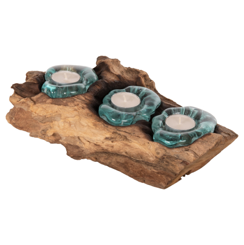Decoratiuni pentru masa - TABLE DECOR ΗΜ4282 CANDLE BASE-3 SPOTS-SOLID TEAK WOOD AND GLASS-NATURAL