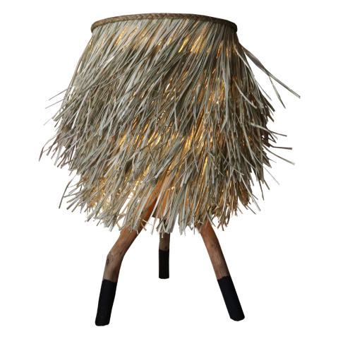 Lampi de birou - TABLE LAMP WITH TEAK LEGS AND SEAGRASS CAP IN NATURAL AND BLACK COLOR Φ30x30-60Hcm.HM7771
