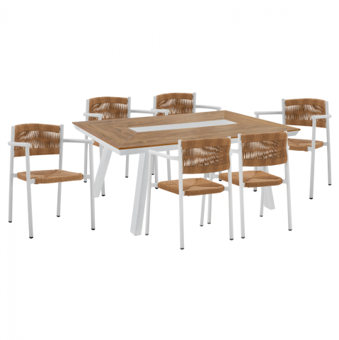 Seturi mese dining - TABLE SET 7PCS WITH POLYWOOD TABLE 200X94 and WHITE ALUMINUM ARMCHAIRS HM11424