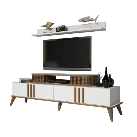 Comode TV - TV COMBO FURNITURE HM9515.03 MELAMINE IN WHITE and WALNUT COLOR 168x39x51.6Hcm
