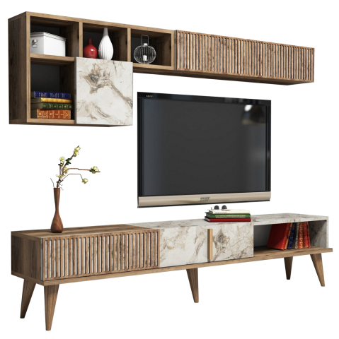 Comode TV - TV FURNITURE MELAMINE IN WALNUT AND WHITE MARBLE 180x35x40Hcm.HM9438.01