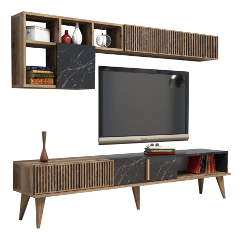 Comode TV - TV FURNITURE SET HM9438.03 MELAMINE IN WALNUT-BLACK MARBLE 180x35x40Hcm.