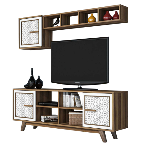 Comode TV - TV FURNITURE SET HM9513.03 MELAMINE IN WALNUT AND WHITE 160x35x56.2Hcm.