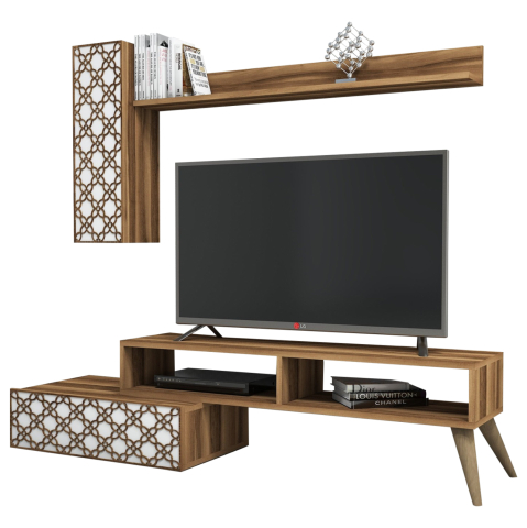 Comode TV - TV FURNITURE SET HM9518.04 MELAMINE IN WALNUT AND WHITE COLOR 150x37.2x37.8Hcm.