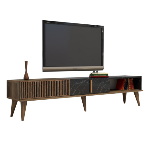 Comode TV - TV STAND HM9512.02 MELAMINE WALNUT AND BLACK MARBLE-LOOK 180x35x40Hcm.