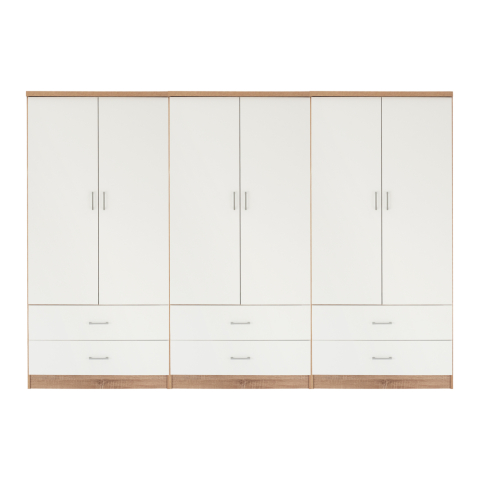 Dulapuri - WARDROBE REINA 6-LEAF WITH 6 DRAWERS HM21060.06 MELAMINE IN WHITE-SONAMA COLOR 240x42x181Hcm.